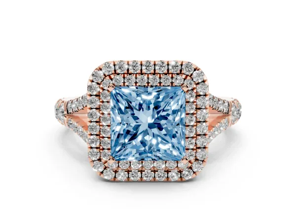 Fancy Blue Princess Cut Cut Double Halo Split Shank Diamond Ring with Prong Setting Rose gold