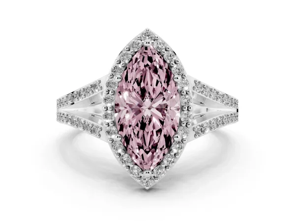 Fancy Pink Marquise Cut Halo Split Shank Diamond Ring with Prong Setting Platinum