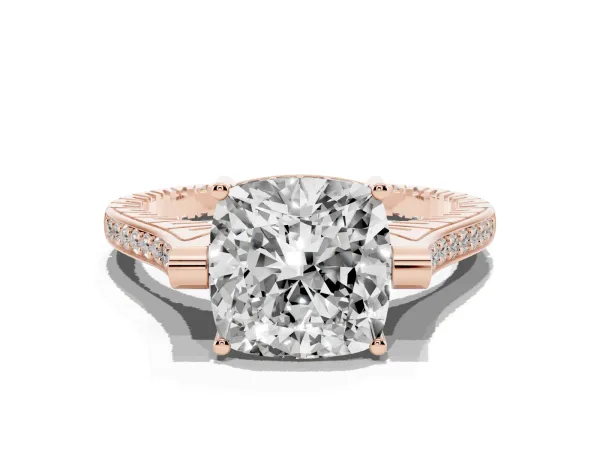 Cushion Cut Solitaire Diamond Ring with Channel Set Band and Bezel Prong Setting Rose gold