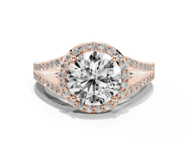 Round Cut Halo Split Shank Diamond Ring with Prong Setting Rose gold