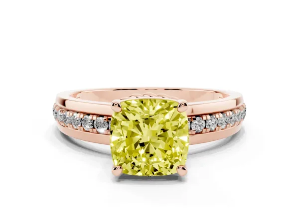 Fancy Yellow Cushion Cut Solitaire Diamond Ring with Channel Set Band and Six-Prong Setting Rose gold