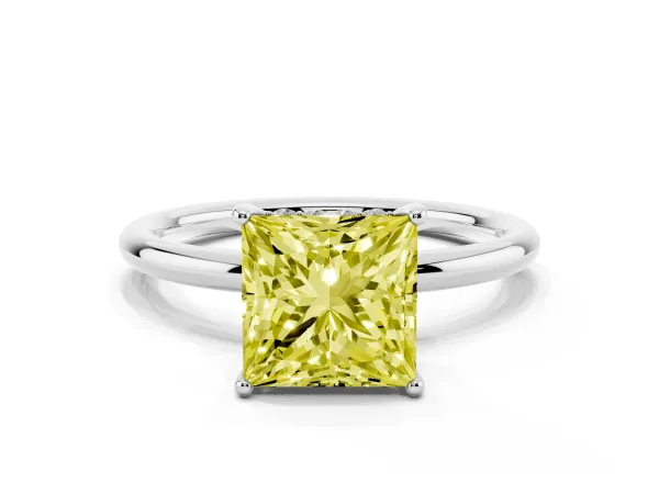 Fancy Yellow Princess Cut Solitaire Diamond Ring with a Classic Band and Four-Prong Setting White gold