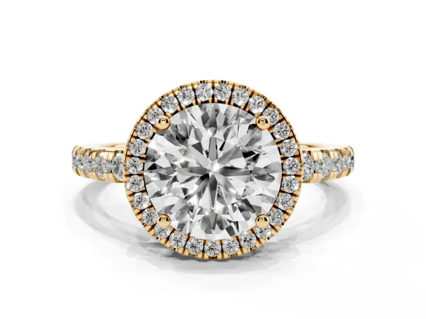 Round Cut Diamond Halo Ring with Pavé Band and Four-Prong Setting Yellow gold