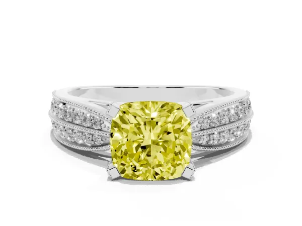 Fancy Yellow Cushion Cut Diamond Solitaire Ring with Milgrain Round Pavé Band and Prong Setting White gold