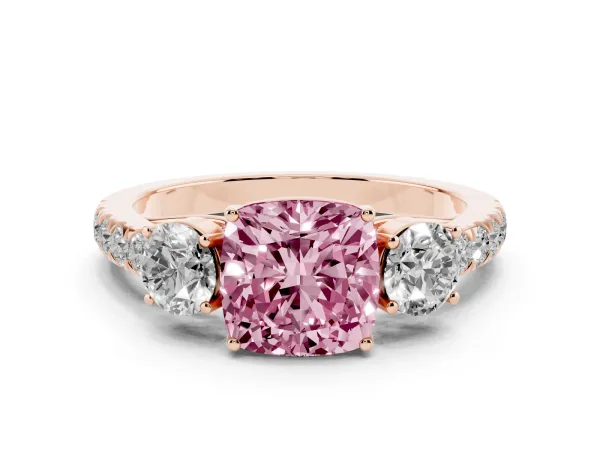 Fancy Pink Cushion Cut Cut Diamond Three-Stone Ring with Round Side Stones and Pavé Band Rose gold