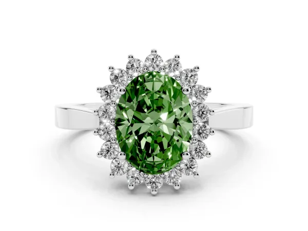 Fancy Green Oval Cut Cut Diamond Halo Ring with Round Brilliant Halo and Solitaire Band Platinum