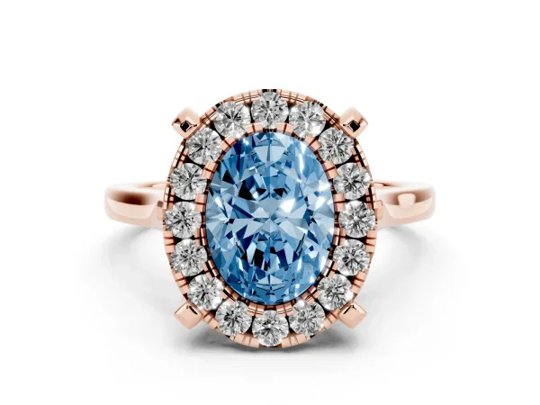 Fancy Blue Oval Cut Diamond Cluster Halo Solitaire with Four-Prong Setting Rose gold