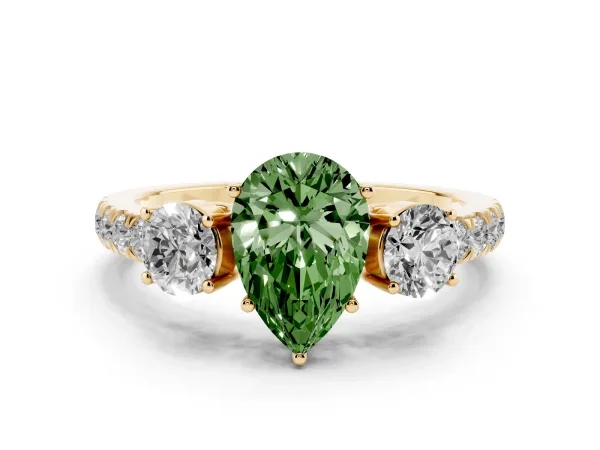 Fancy Green Pear Cut Cut Diamond Three-Stone Ring with Round Side Stones and Pavé Band Yellow gold