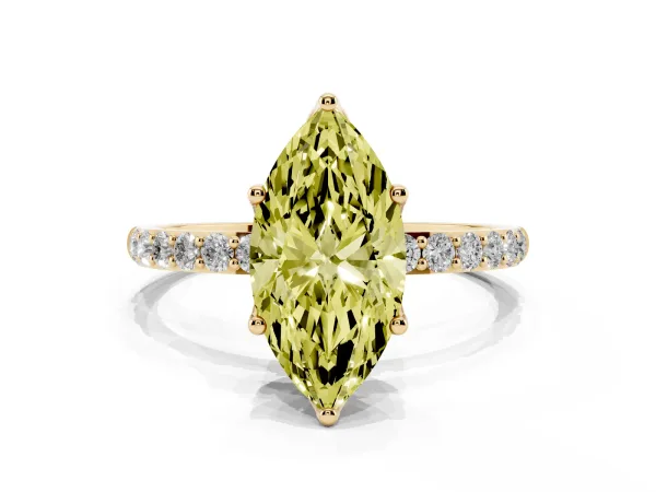 Fancy Yellow Marquise Cut Diamond Solitaire Engagement Ring with Round Pavé Band and Prong Setting Yellow gold