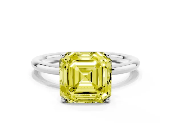 Fancy Yellow Asscher Cut Solitaire Diamond Ring with a Classic Band and Four-Prong Setting Platinum