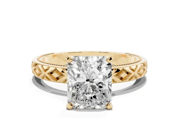 Radiant Cut Solitaire Diamond Ring with Milgrain and Black Enamel X Pattern Band Yellow gold