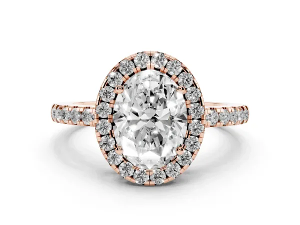 Oval Cut Halo Diamond Engagement Ring with Pavé Band and Four-Prong Setting Rose gold