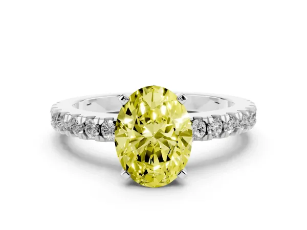 Fancy Yellow Oval Cut Solitaire Diamond with Pavé Band and Four-Prong Setting White gold