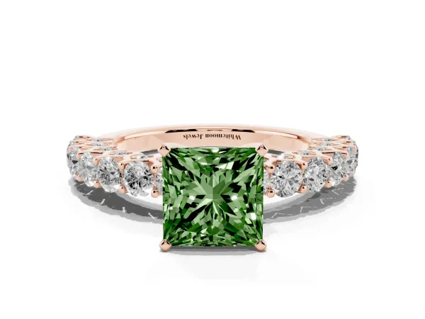 Fancy Green Princess Cut Diamond Solitaire Ring with Shared Prong Pavé Band and Four-Prong Setting Rose gold