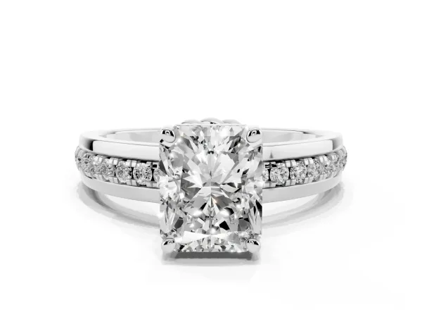 Radiant Cut Solitaire Diamond Ring with Channel Set Band and Six-Prong Setting Platinum