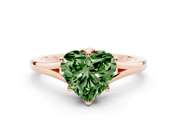 Fancy Green Heart Cut Solitaire Diamond Ring with Six-Prong Setting and Tapered Band Rose gold
