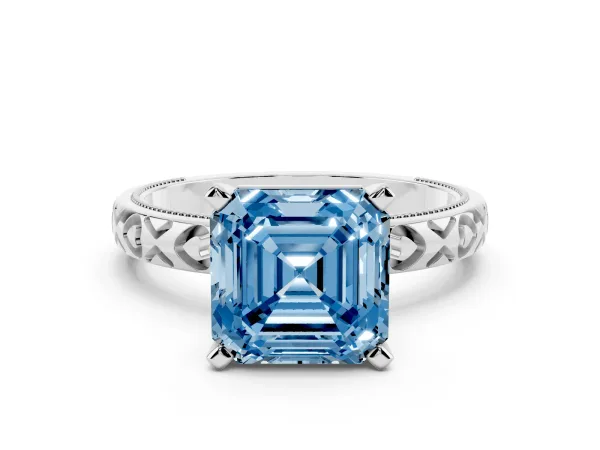 Fancy Blue Asscher Cut Solitaire Diamond Engagement Ring with XO Engraved Band and Four-Prong Setting Platinum
