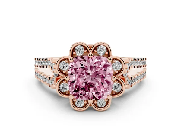 Fancy Pink Cushion Cut Halo Diamond Floral Split Shank Engagement Ring Rose gold