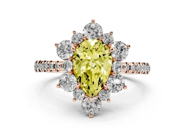 Fancy Yellow Pear Cut Diamond Floral Halo Ring with Round Pavé Band and Prong Setting Rose gold