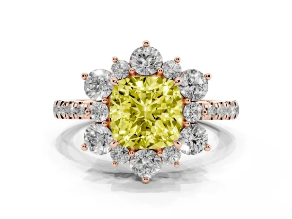 Fancy Yellow Cushion Cut Diamond Floral Halo Ring with Round Pavé Band and Prong Setting Rose gold