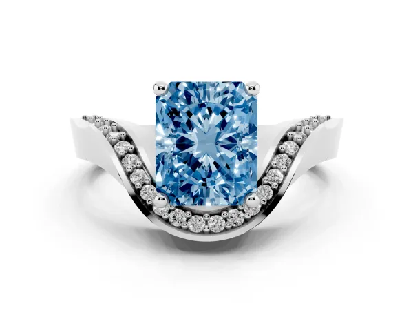 Fancy Blue Radiant Cut Solitaire Diamond Engagement Ring with Pave Band and Four-Prong Setting Platinum