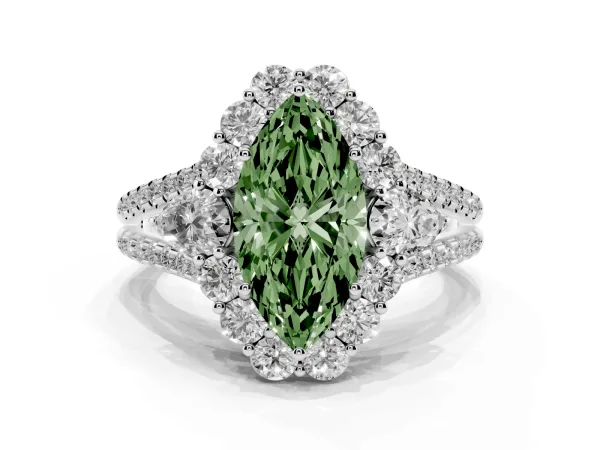 Fancy Green Marquise Cut Halo Split Shank Diamond Engagement Ring with Prong Setting White gold