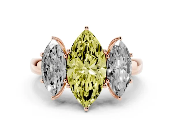 Fancy Yellow Marquise Cut Diamond Three-Stone Ring with Four-Prong Setting and Classic Band Rose gold