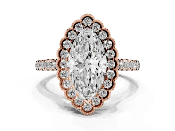 Marquise Cut Cut Diamond Milgrain Floral Halo Engagement Ring with Pavé Band Rose gold