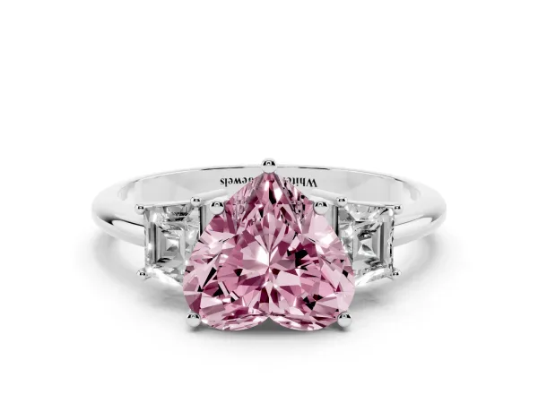 Fancy Pink Heart Cut Diamond Three-Stone Ring with Trapezoid Side Stones and Prong Setting Platinum