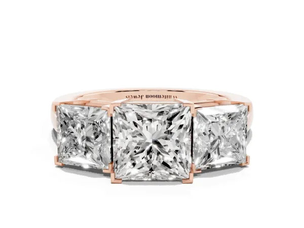 Three-Stone Princess Cut Cut Diamond Ring with Channel Set Band and Four-Prong Setting Rose gold