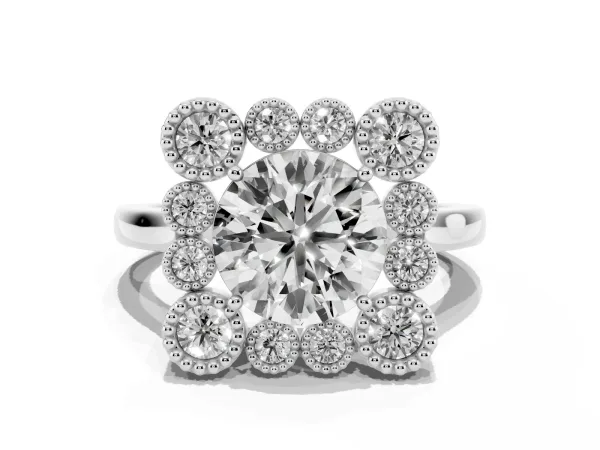 Round Cut Halo Diamond Cluster Engagement Ring with Milgrain Bezel Setting and Solitaire Band Platinum