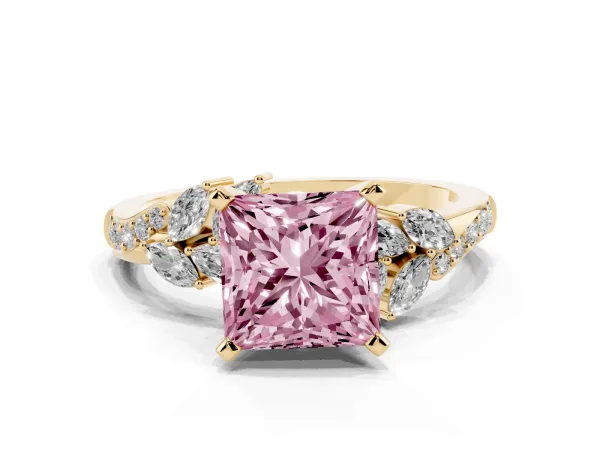 Fancy Pink Princess Cut Solitaire Marquise Twist Band with Six-Prong Setting Yellow gold