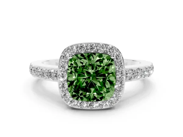 Fancy Green Cushion Cut Halo Diamond Pavé Band Ring with Prong Setting White gold