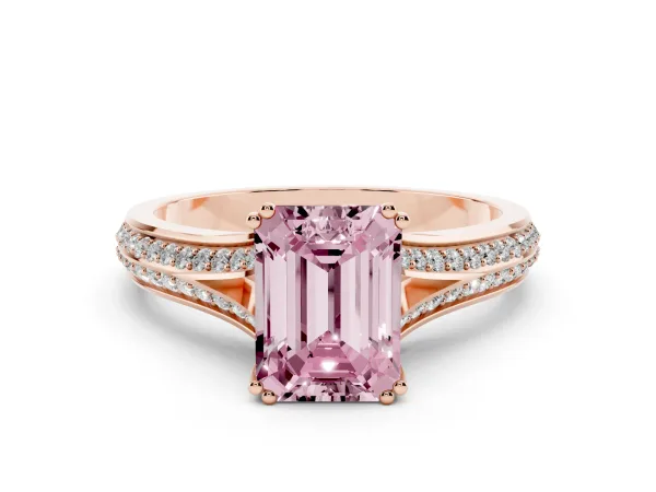 Fancy Pink Emerald Cut Diamond Split Shank Engagement Ring with Pavé Band Rose gold