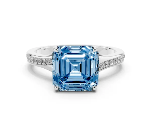 Fancy Blue Asscher Cut Diamond Solitaire Ring with Pavé Band and Prong Setting Platinum