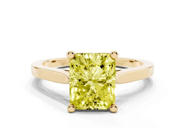 Fancy Yellow Radiant Cut Solitaire Diamond Ring with Four-Prong Setting and Tapered Band Yellow gold