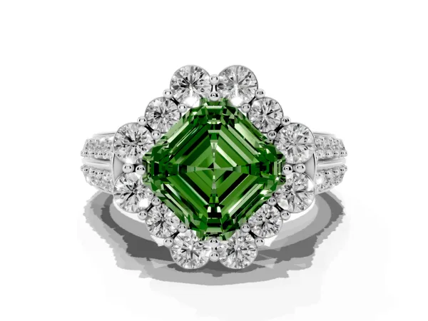 Fancy Green Asscher Cut Halo Diamond Engagement Ring with Split Shank and Prong Setting Platinum