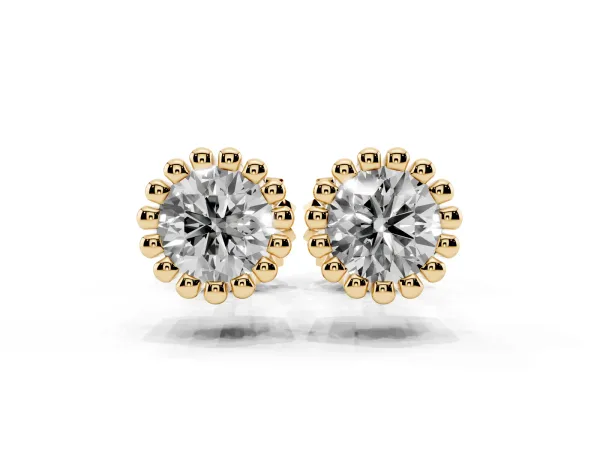 Round Diamond Flower Halo Stud Earrings with Petal Prong Setting Yellow gold