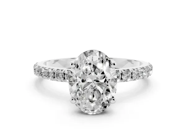 Oval Cut Cut Diamond Solitaire Ring with Micro Pave Band and Four Prong Setting White gold
