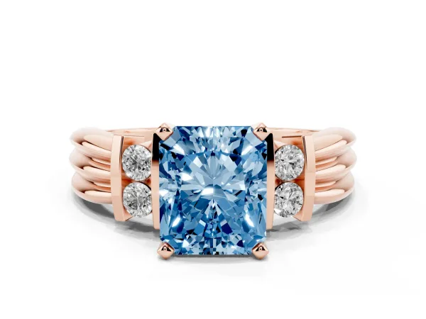 Fancy Blue Radiant Cut Cut Three-Stone Channel Set Ring with Bar Prongs Rose gold