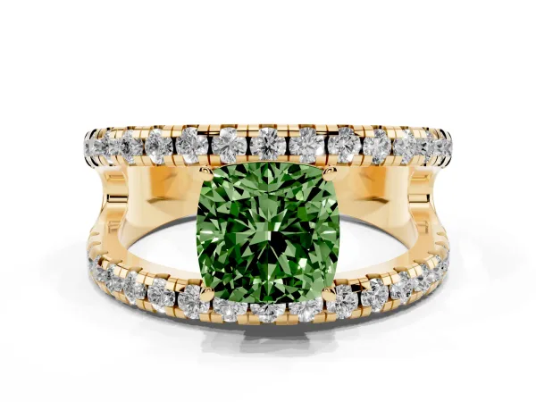 Fancy Green Cushion Cut Solitaire Split Shank Pave Diamond Ring Yellow gold