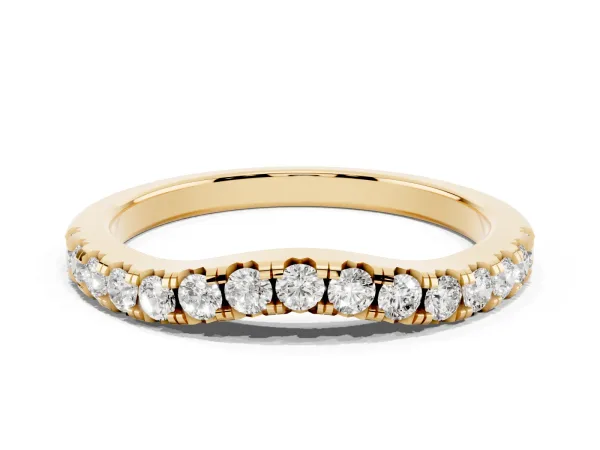 Round Diamond Curved Pavé Wedding Band with Shared Prong Setting Yellow gold