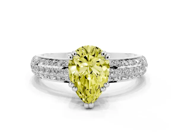 Fancy Yellow Pear Cut Diamond Solitaire Ring with Multi-Row Round Pavé Band and Prong Setting White gold