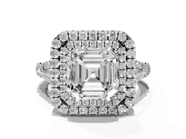 Asscher Cut Cut Double Halo Split Shank Diamond Ring with Prong Setting White gold