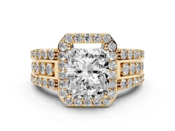 Radiant Cut Halo Diamond Ring with Round Split Shank and Prong Setting Yellow gold