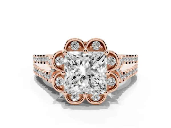 Princess Cut Halo Diamond Floral Split Shank Engagement Ring Rose gold