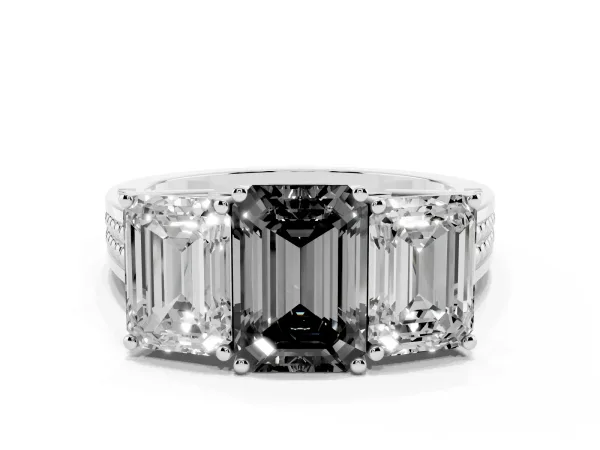 Fancy Black Emerald Cut Diamond Three-Stone Ring with Prong Setting and Textured Band Platinum