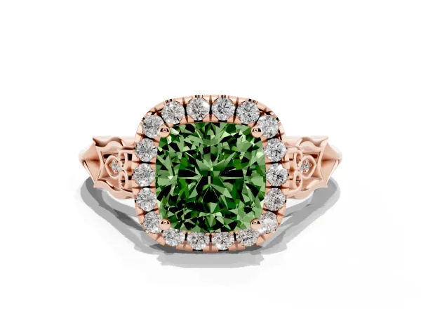 Fancy Green Cushion Cut Halo Diamond Engagement Ring with Filigree Band and Four-Prong Setting Rose gold