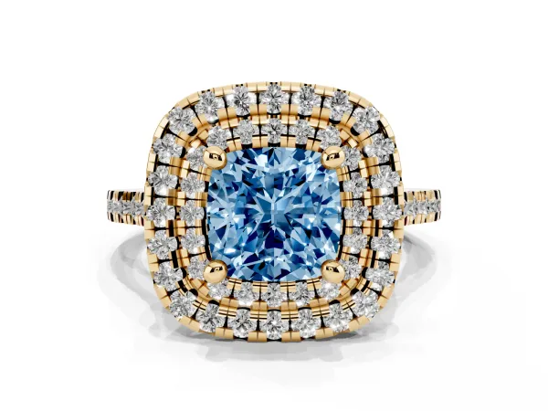 Fancy Blue Double Halo Cushion Cut Diamond Pavé Band with Four-Prong Setting Yellow gold