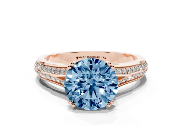 Fancy Blue Round Cut Diamond Split Shank Engagement Ring with Pavé Band Rose gold